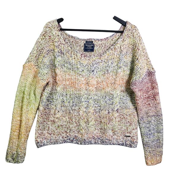 Abercrombie & Fitch Oversized Sweater Sz L Chunky Cable Knit Rainbow Ombre Boxy - Picture 2 of 12